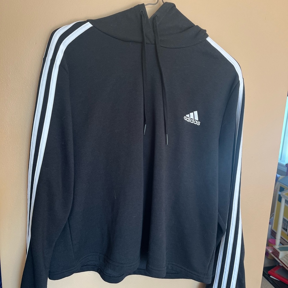 Adidas Cropped black hoodie 3 stripe LARGE EUC